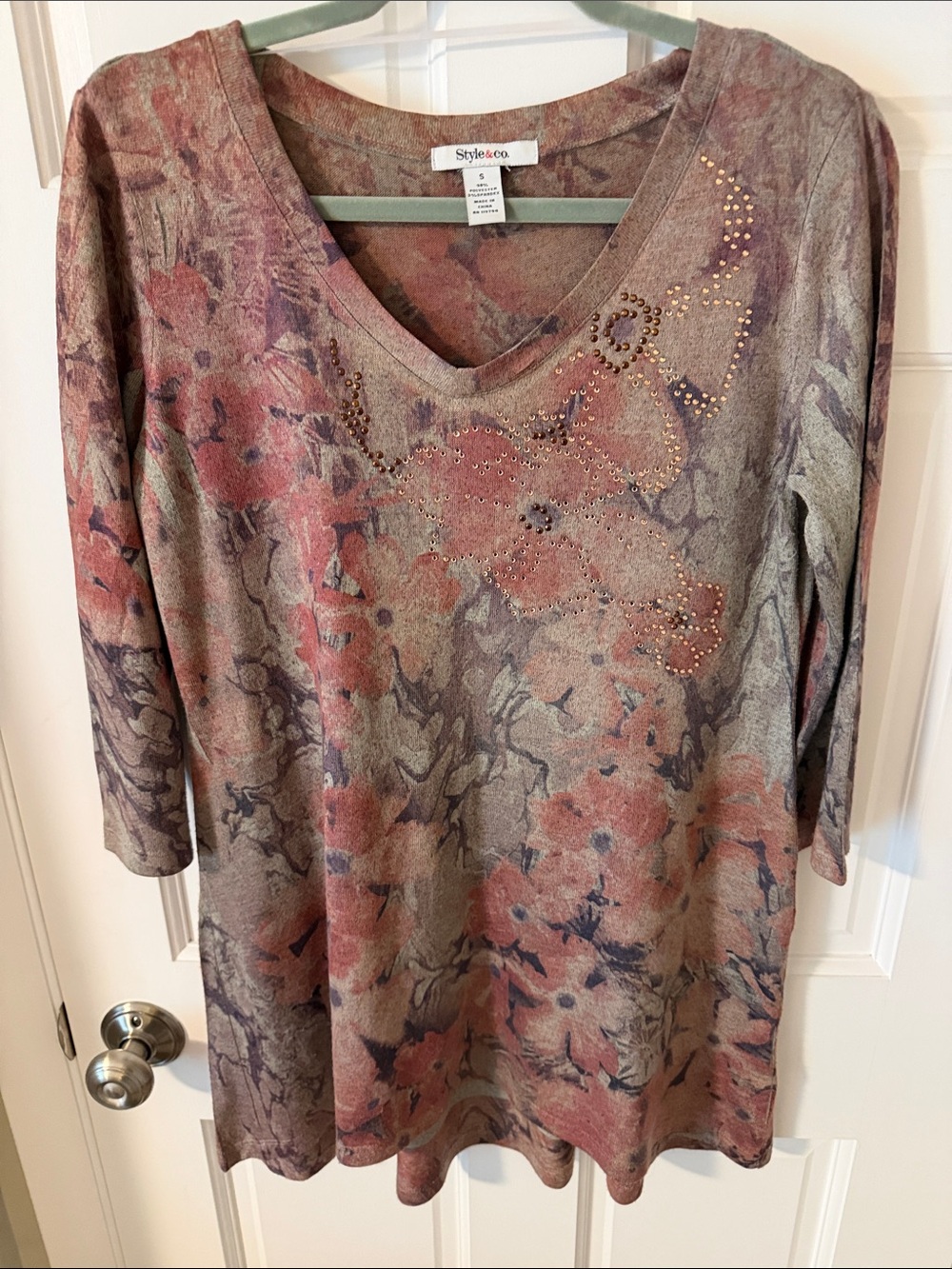 Style & Co. Boho Floral Abstract Embellished V-Neck Tunic Top - 3/4 Sleeve Small